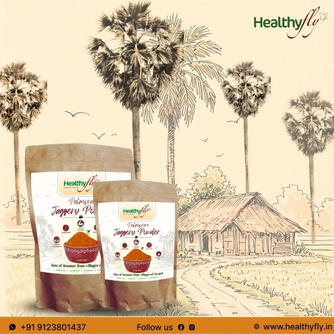 Healthyfly Palmyra Jaggery Powder pack with granulated jaggery