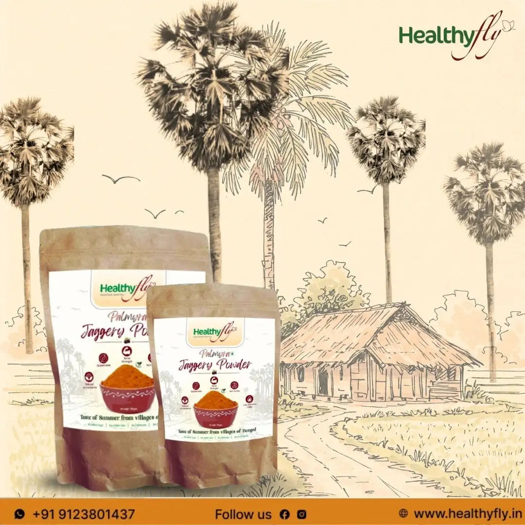 Healthyfly Palmyra Jaggery Powder pack with granulated jaggery