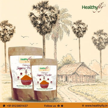 Healthyfly Palmyra Jaggery Powder pack with granulated jaggery