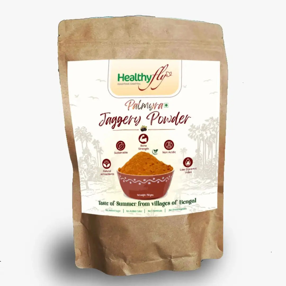 Healthyfly Palmyra Jaggery Powder pack with granulated jaggery