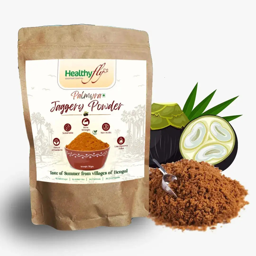Healthyfly Palmyra Jaggery Powder pack with granulated jaggery